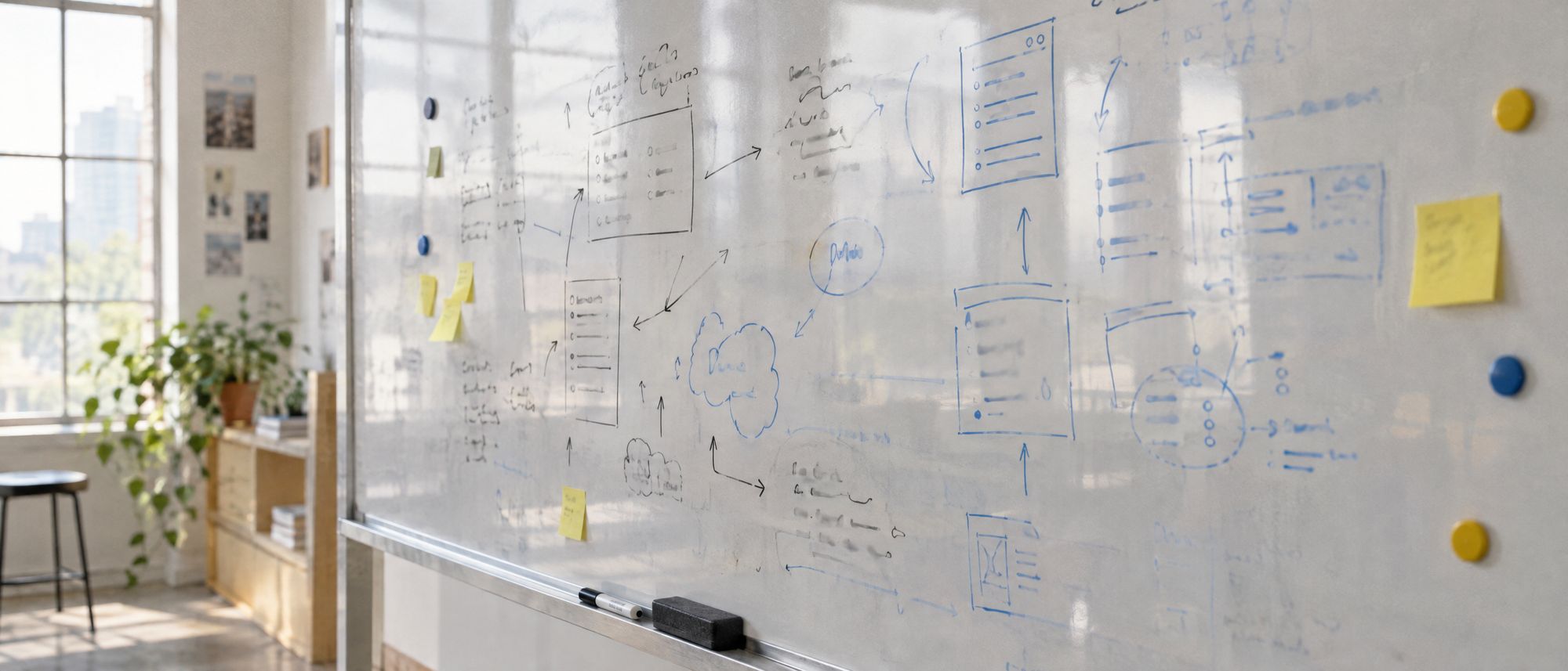 A studio whiteboard covered in marker diagrams, sticky notes and magnets